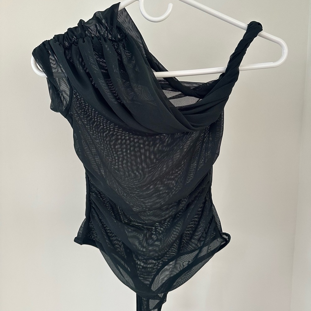 Dark Green Sheer One-Shoulder Top